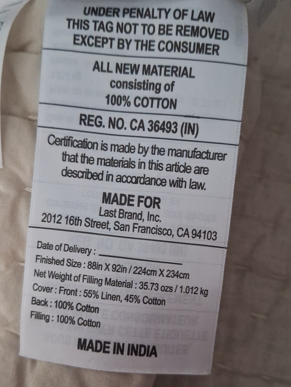 Quince European Linen Cotton Stitch Quilt Natural Full/Queen NEW - Picture 6 of 8